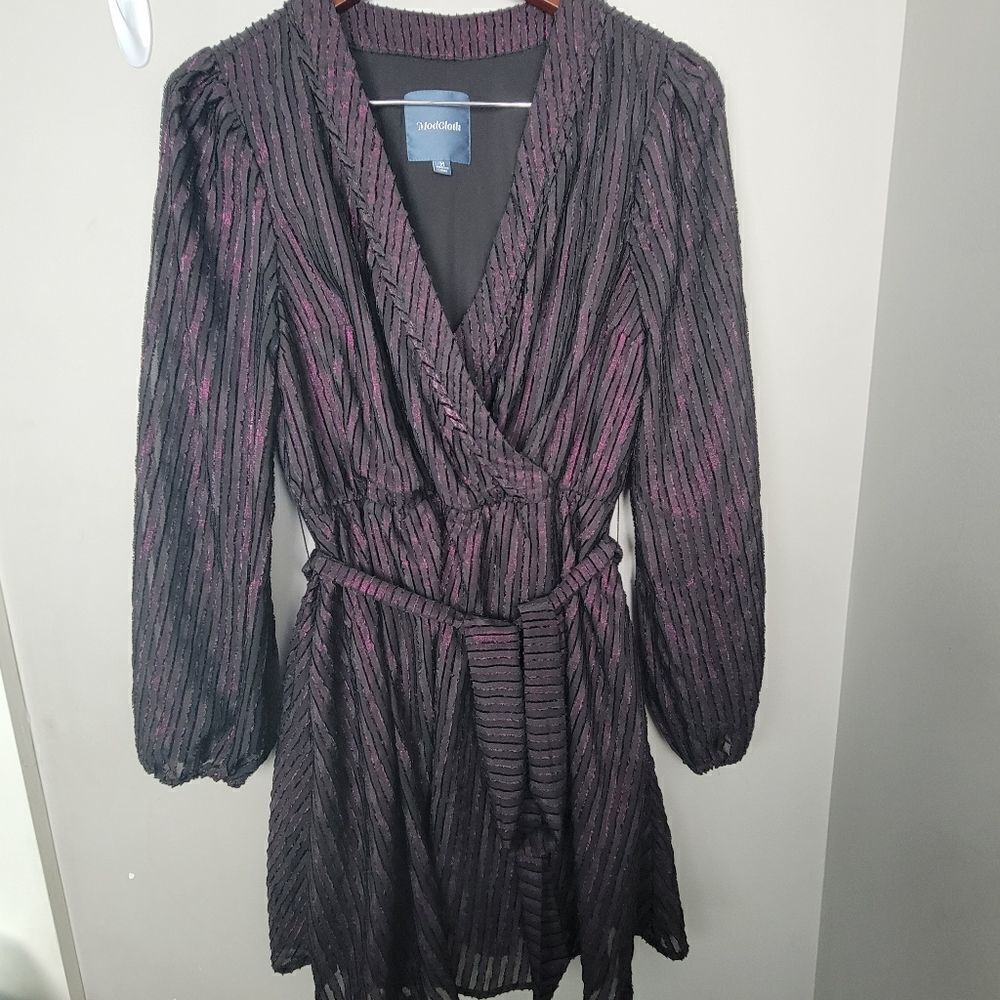Modcloth Time To Shine Metallic Mock Wrap Tie Dress Long Sleeve Medium